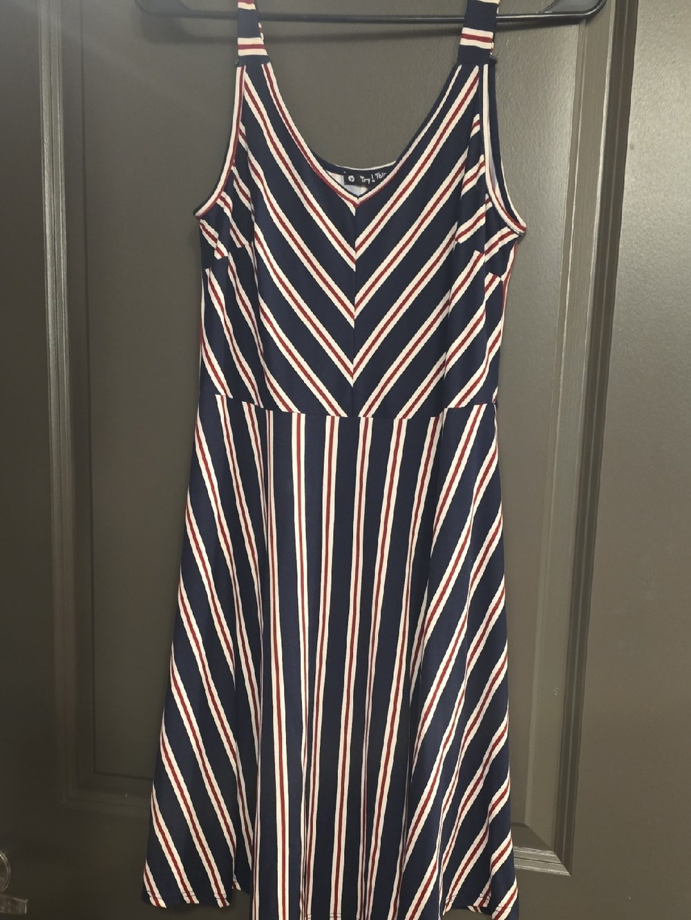 Navy Striped Midi Sundress with Red and White Accents